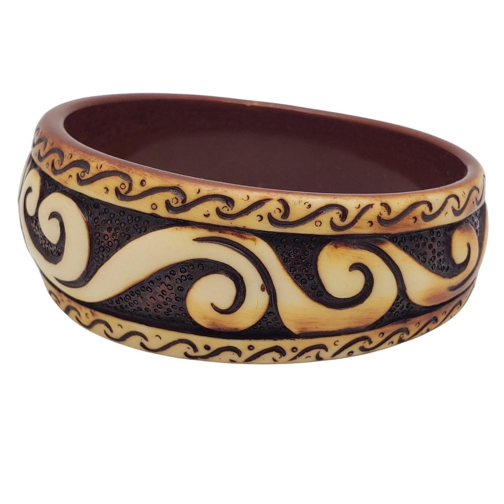 Acrylic Bangle Bracelet Wide Carved Tribal Brown Cream Vintage 1970s Boho Ethnic
